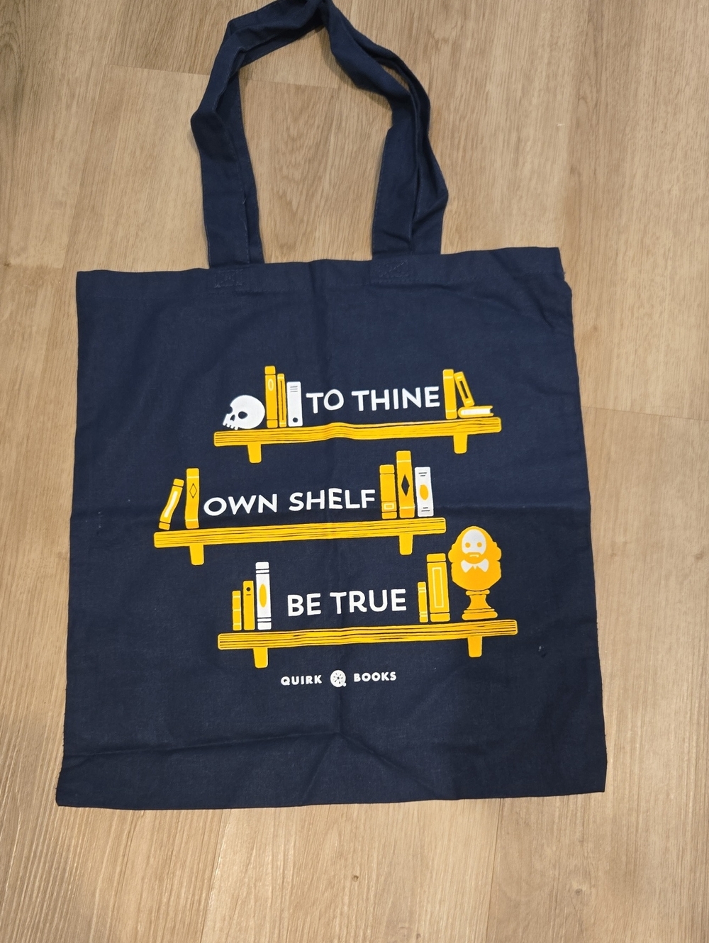 Navy Tote Bag with Yellow Book Shelf Graphic